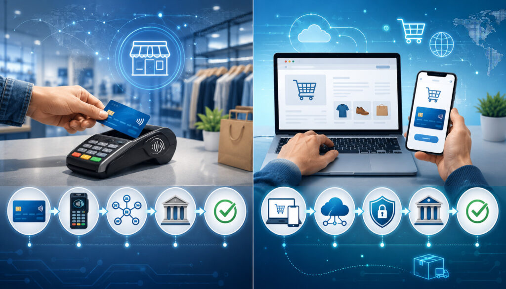Card-present and online payment transaction flow comparison