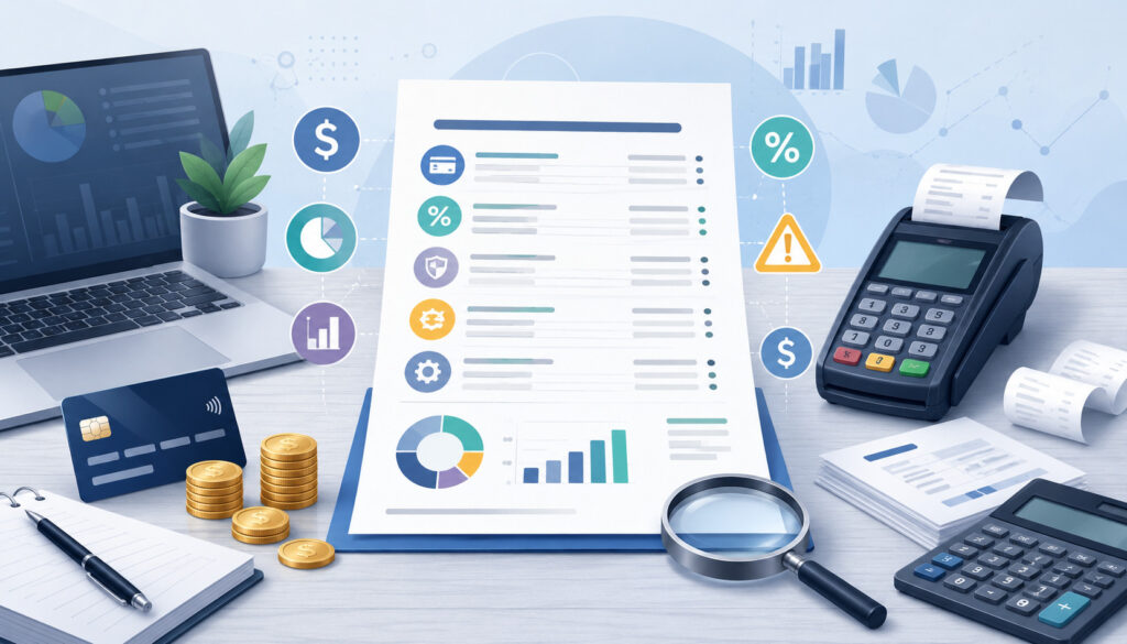 Merchant statement fee review with payment processing icons