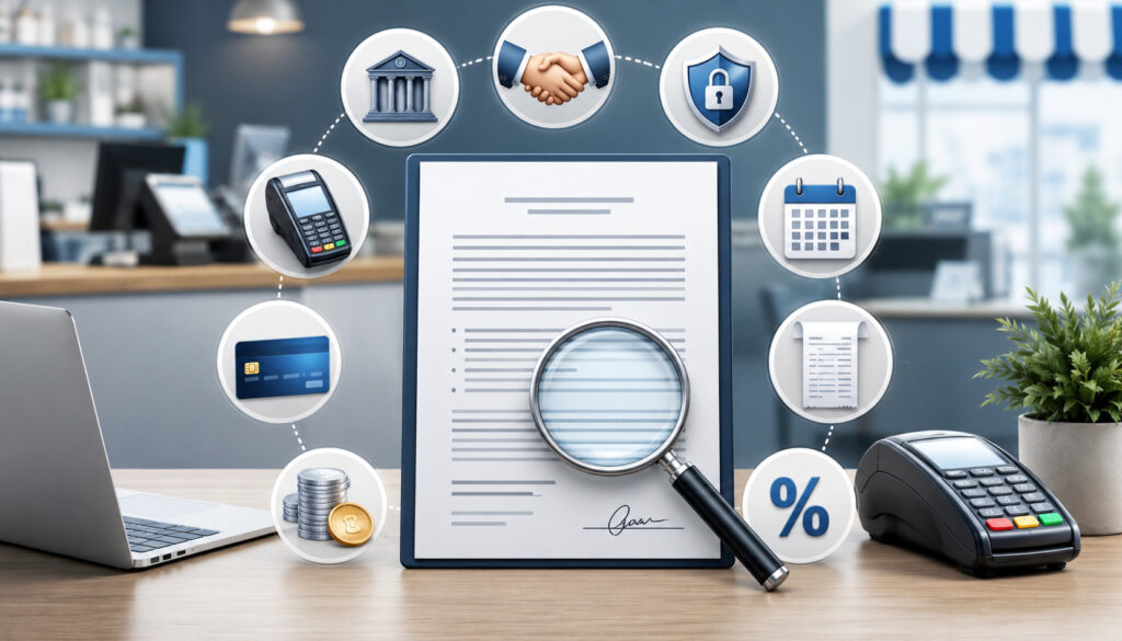 Merchant contract review with payment processing icons