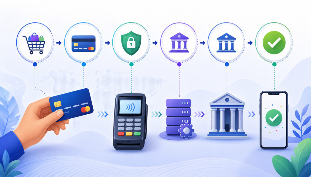 Step-by-step payment processing illustration with card, POS terminal, bank, and approval icons