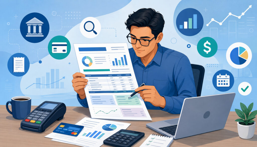 Merchant reviewing monthly statement with payment processing charts and icons