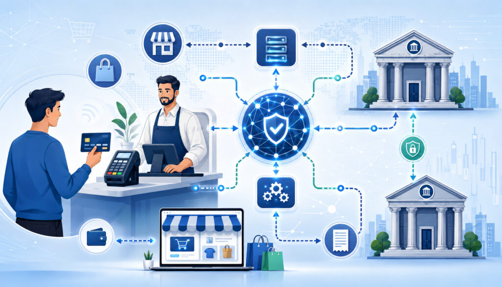 Credit card transaction participants connected through secure payment network