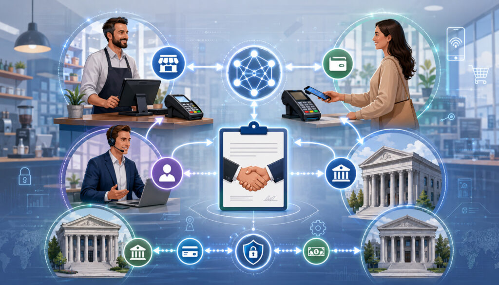 Merchant services agreement parties connected through digital payment processing
