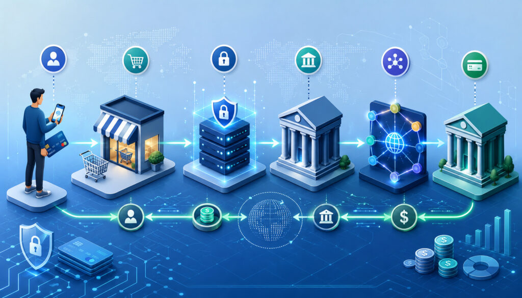 Payment authorization and settlement flow between customers, merchants, processors, card networks, and banks