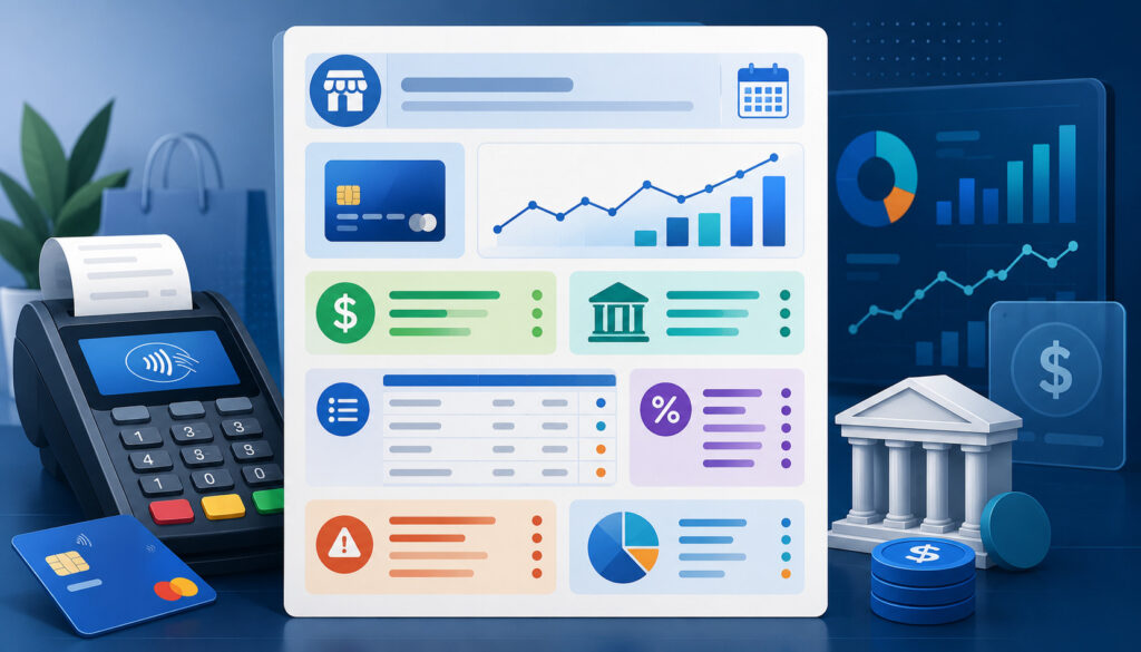 Merchant statement sections with payment processing icons