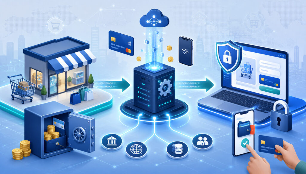 Merchant account, payment processor, and payment gateway digital payment flow illustration