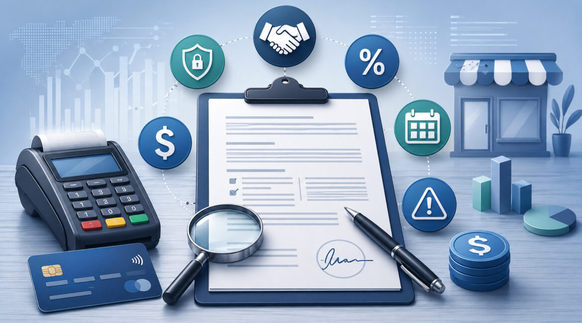 Merchant service contract review with payment icons