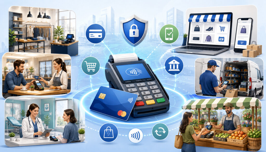 Merchant account types for retail, ecommerce, healthcare, mobile services, and market vendors