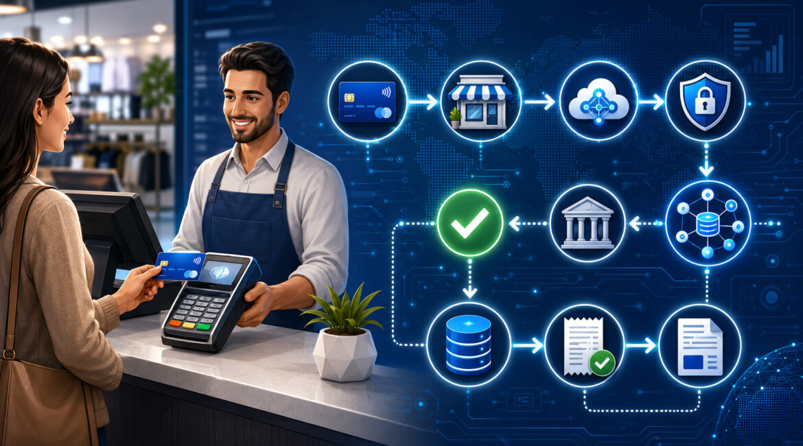 Credit card transaction lifecycle illustration