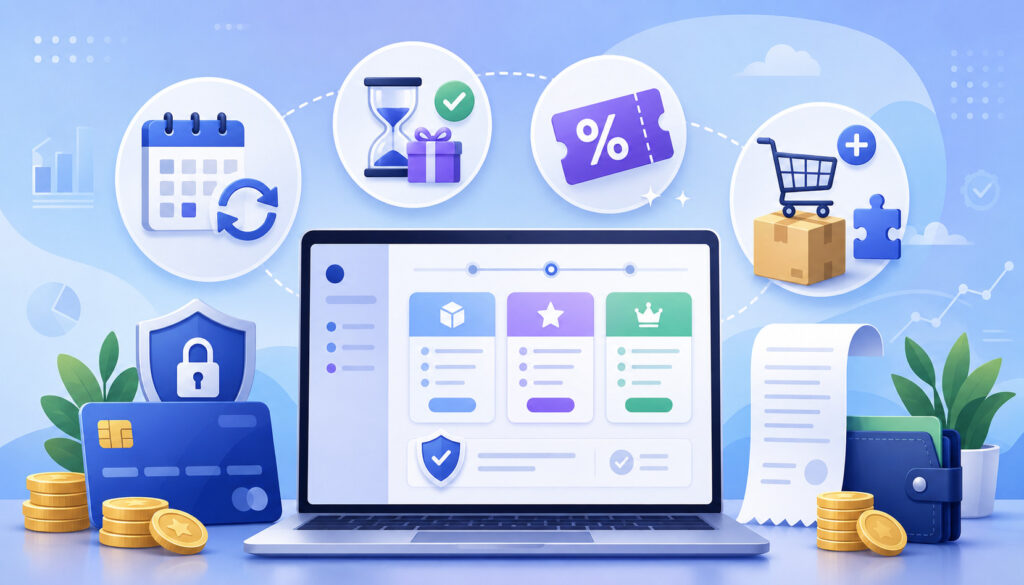 Subscription billing dashboard with trial, discount, recurring payment, and add-on purchase icons