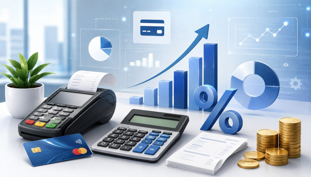 Calculator, payment terminal, charts, and percentage symbol illustrating effective processing rate