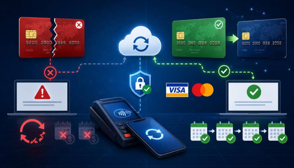 Card account updater illustration showing reissued cards disrupting recurring billing and automatic updates restoring payments