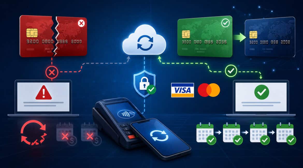 Card account updater illustration showing reissued cards disrupting recurring billing and automatic updates restoring payments