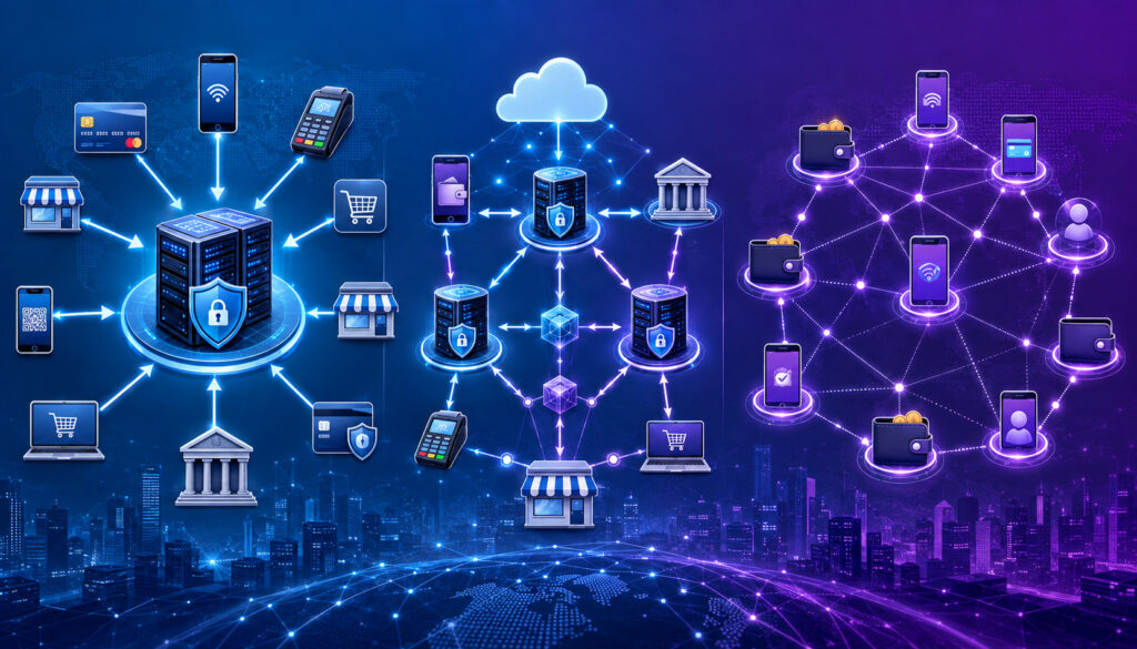 Centralized, decentralized, and hybrid payment processing networks