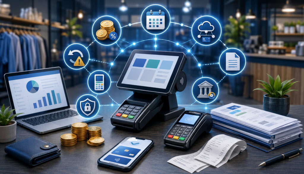 Merchant service fees illustrated with POS terminals, receipts, coins, and payment icons