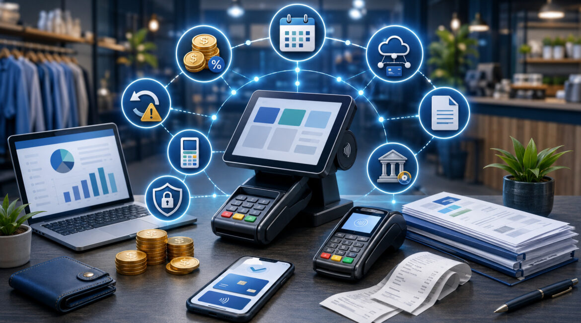 Merchant service fees illustrated with POS terminals, receipts, coins, and payment icons