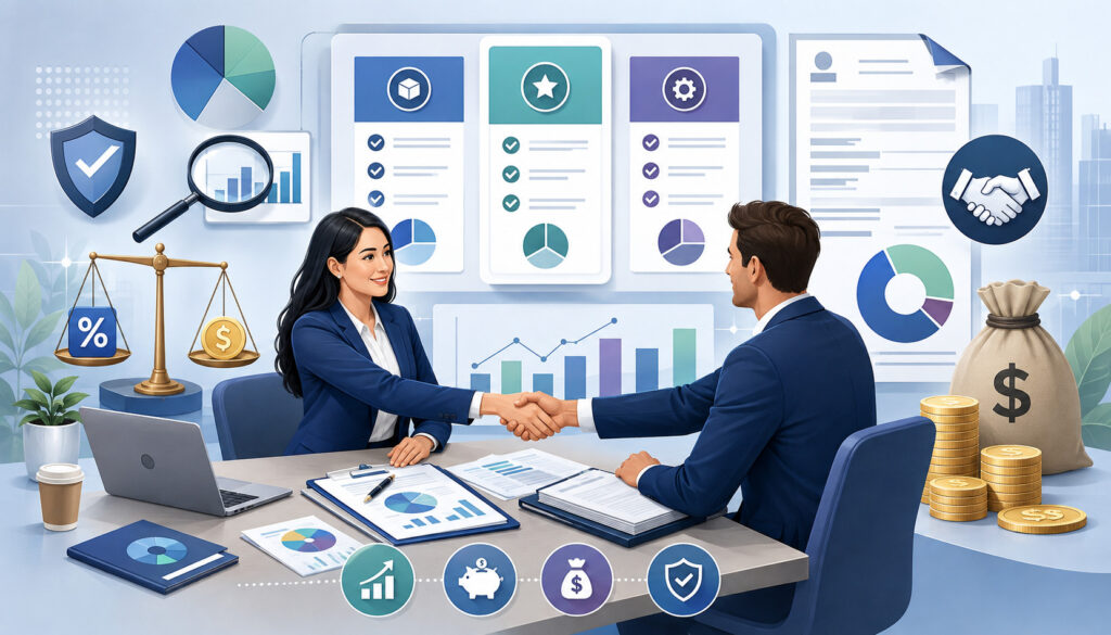 Business professionals comparing pricing models and negotiating total costs
