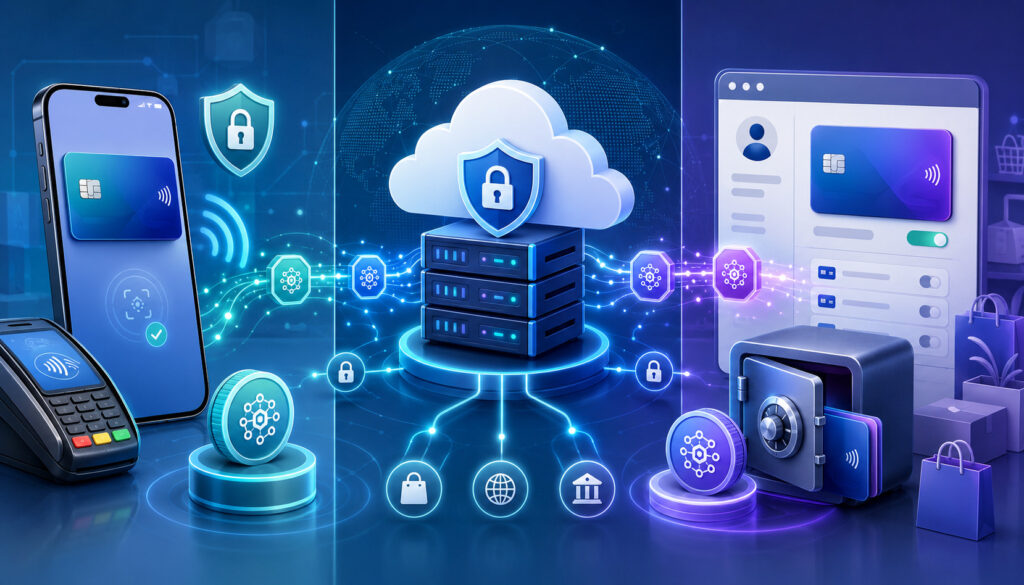 Digital wallet, gateway, and card-on-file tokenization illustration