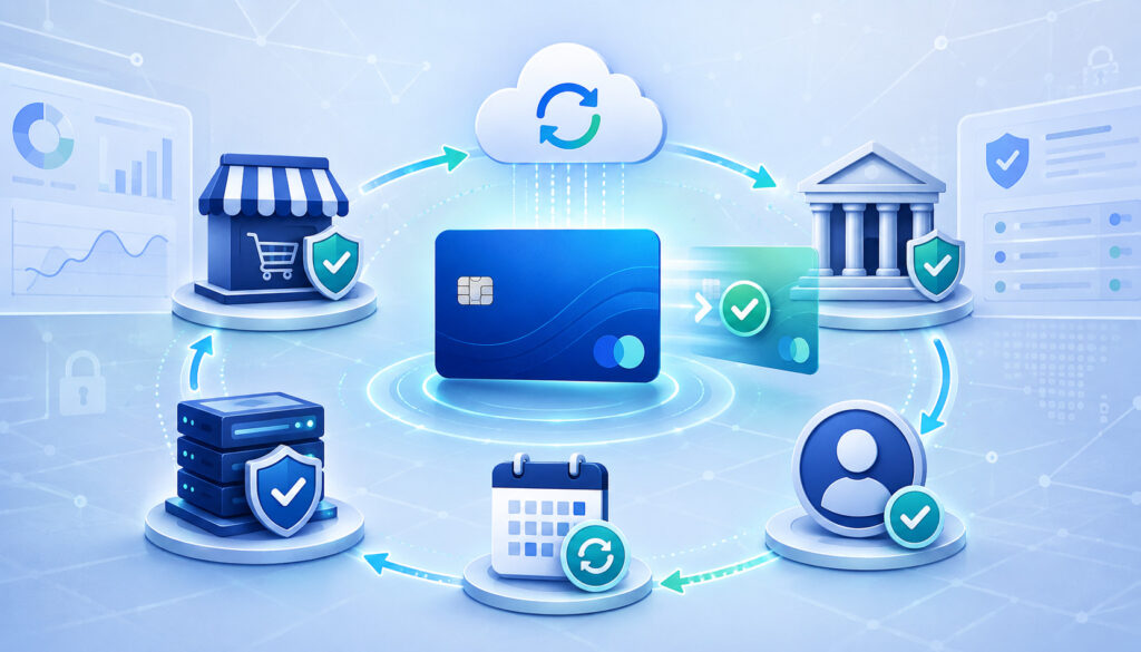 Card account updater service syncing updated payment card details across merchants, banks, and recurring payments
