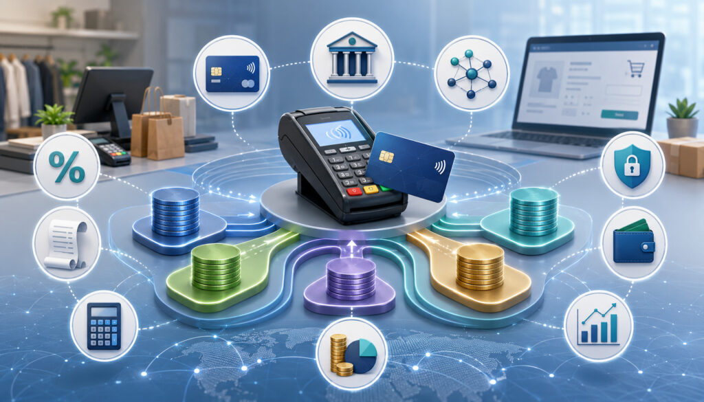 Payment processing costs illustrated with a POS terminal, coins, banking, security, and fee icons