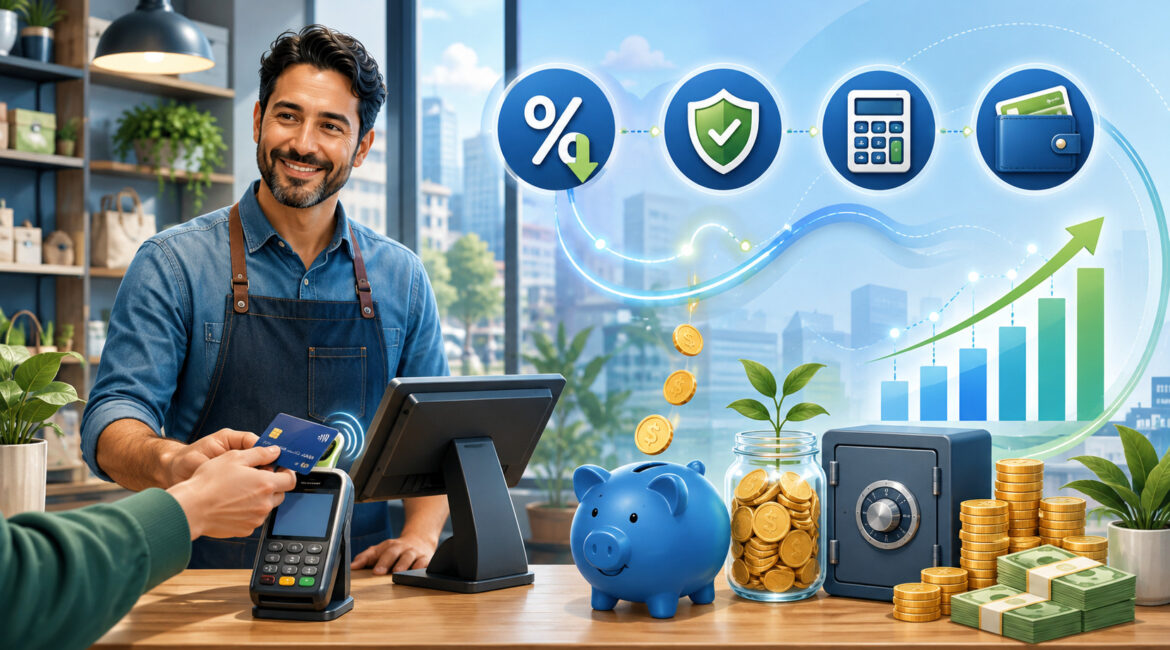 Small business owner reducing credit card processing fees and increasing savings