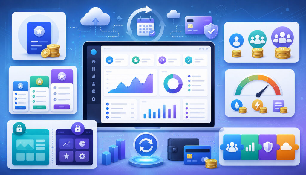 Subscription pricing models illustrated with SaaS dashboards, user tiers, usage meters, recurring billing, and payment icons