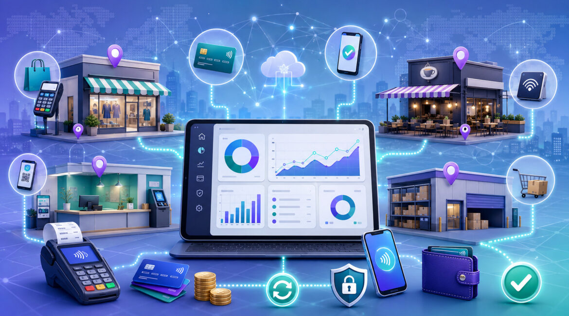 Connected business locations using centralized payment processing and analytics