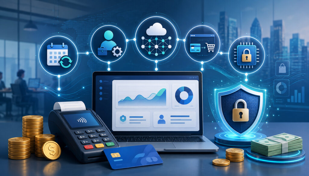 Payment gateway, recurring fees, and security illustration