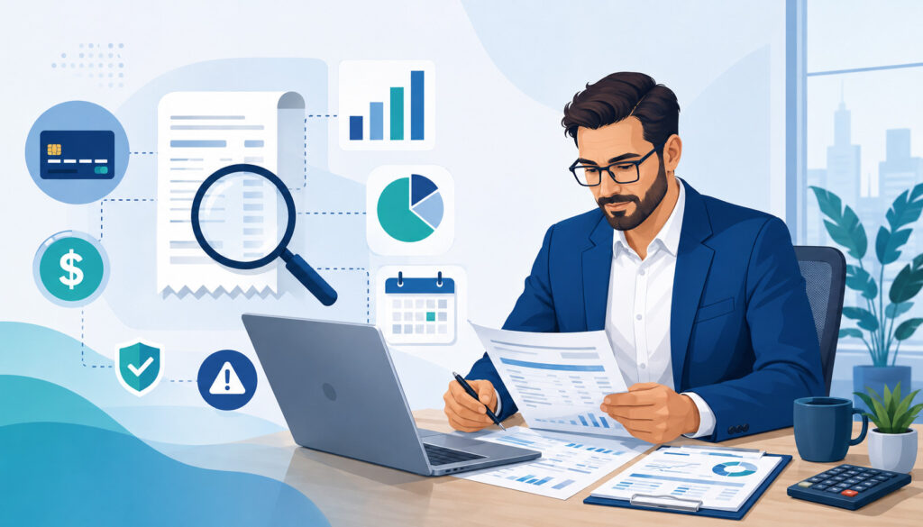 Business owner reviewing merchant statements and payment processing fees