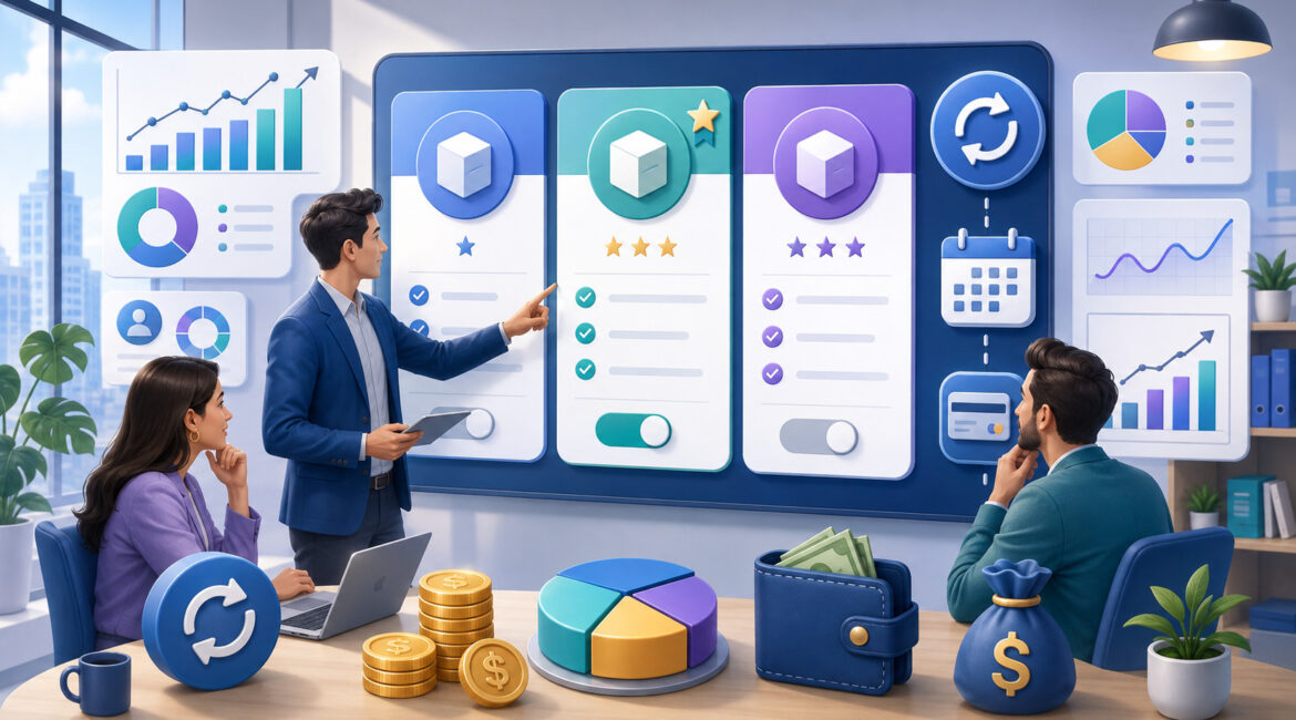 Business team comparing subscription pricing plans and recurring payment options