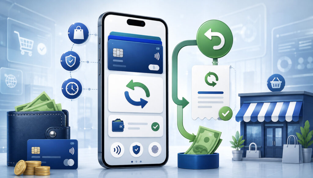 Digital wallet refund process with smartphone, payment icons, and money return flow