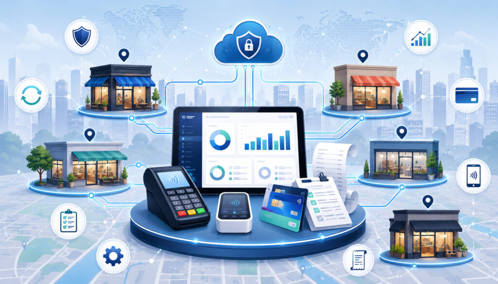 Multi-location businesses connected through a centralized payment system